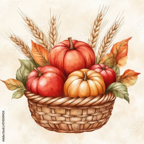 Wallpaper Mural Wicker Basket Filled with Pumpkins Apples Autumn Leaves and Wheat Stalks on Beige Background Torontodigital.ca