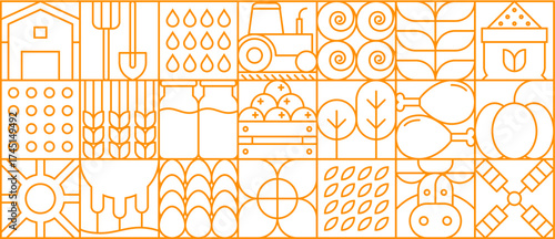 Abstract geometric farm pattern for agriculture and farming background, vector mosaic tile. Cattle farm, cow and vegetables harvest, wheat barn and tractor or garden plants in geometric line pattern