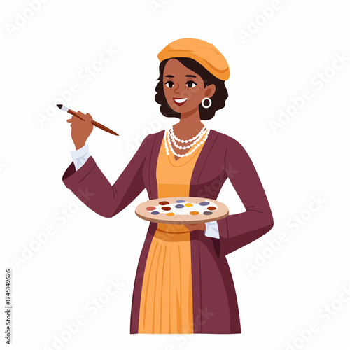 Artist holding palette and brush with transparent background