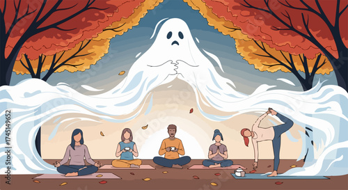Diverse group practicing mental wellness outdoors with autumn trees and sad ghost. Individuals engage in yoga and meditation, fostering mental wellness despite abstract emotional challenges.