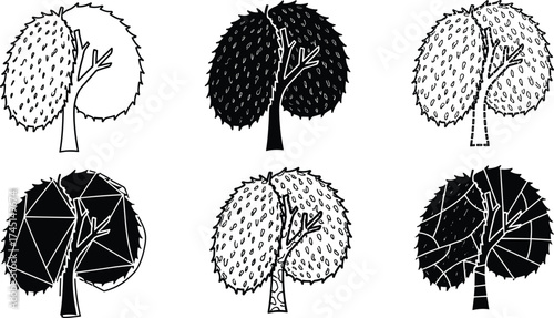 Stylized tree silhouettes collection, abstract decorative foliage, artistic botanical illustration, isolated vector plants, creative canopy patterns, modern forest design, nature art