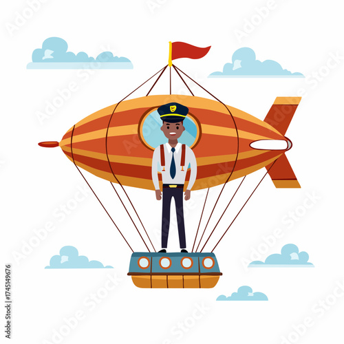 Captain in a dirigible with clouds