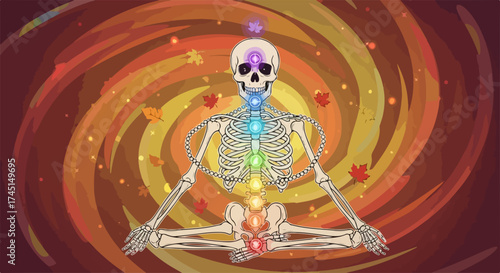 Human meditating skeleton in lotus pose with glowing energy centers. Seven vibrant chakras align along anatomical figure, symbolizing balance, inner peace.