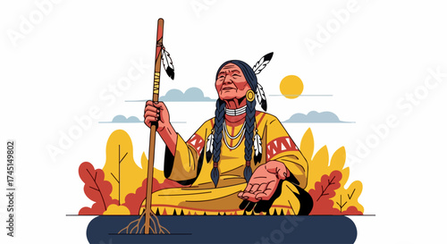 Stylized Native American person in traditional clothing, sitting thoughtfully with staff. Elderly Native American individual adorned with feathers, colorful beads, and ornate tribal jewelry,