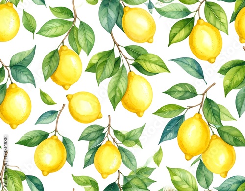 Watercolor pattern of lemons and green leaves