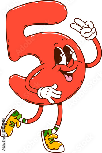 Cartoon groovy math number five character. Isolated vector cheerful and funny 5 figure with wide eyes and smile radiating positivity. Playful digit school education personage embodies funky y2k vibe
