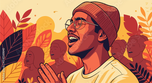 Man singing in church with friends, a gospel hymn fills air. Man singing radiates joy in church, surrounded by supportive friends and fellow congregants. Man singing spreads positive message,