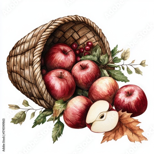 Wallpaper Mural Woven Basket with Ripe Red Apples and Autumnal Foliage on a White Background Still Life Torontodigital.ca