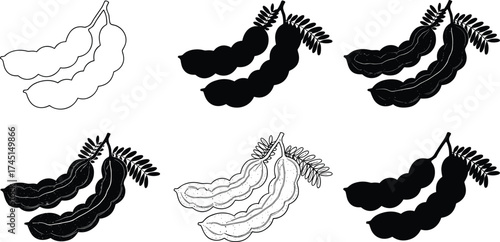 Tamarind pod silhouettes with leaves, tropical fruit illustration, black vector icons, decorative food designs, isolated agricultural elements, exotic botanical graphics