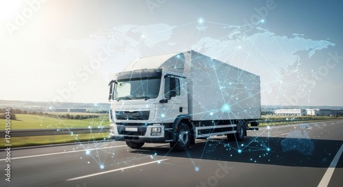 Futuristic truck on highway with digital connectivity and global network overlay
