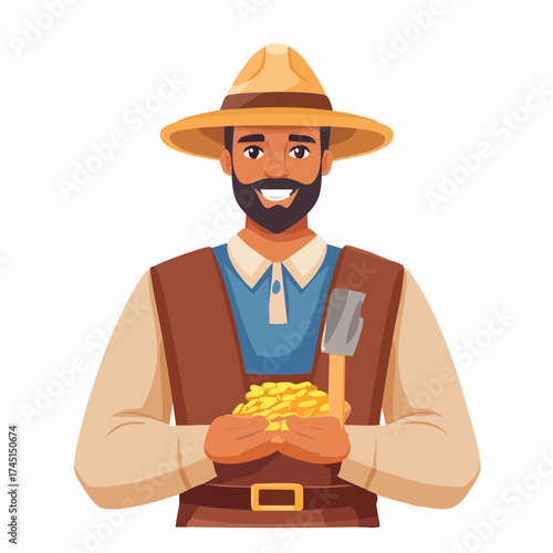 Farmer holding gold coins with axe