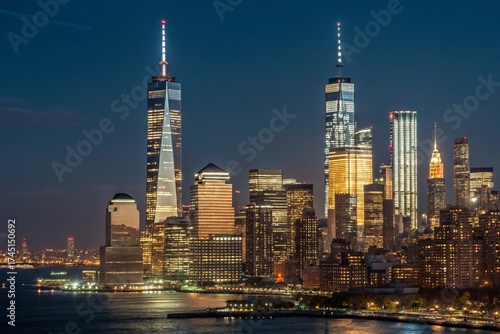 New York City Skyline at Night with One World Trade Center and Empire State Building