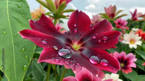 Witness the exquisite detail of a deep burgundy flower covered in perfect raindrops, captured up close to show the velvet texture of the petals and stunning clarity of water