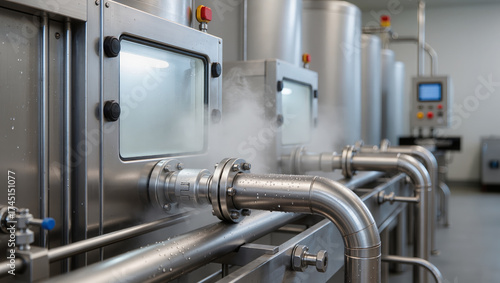 Industrial milk pasteurization equipment in a sterile production area with stainless steel tanks, pipelines, and control panels, showing active thermal processing