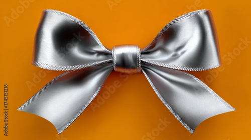 Silver ribbon bow is on an orange background. The bow is shiny and elegant, and it looks like it's about to be used for a special occasion