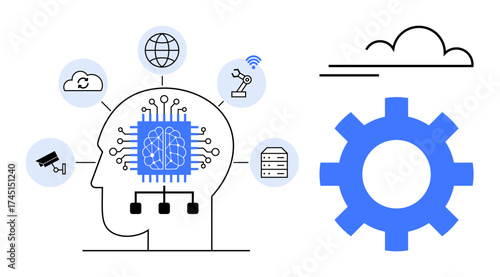 Human head with brain circuit, automation arm, server, camera, globe, cloud, gear, and wireless icon. Ideal for AI innovation automation IoT connectivity data processing and machine learning