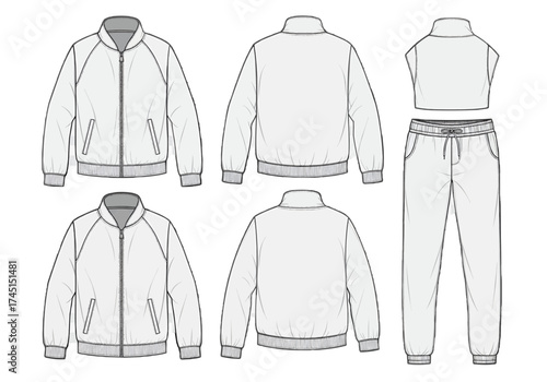Technical drawing of a tracksuit from multiple viewpoints showing front, back, and detailed illustrations