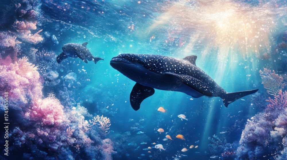 Fototapeta premium Serene underwater scene featuring whale sharks swimming near coral reef