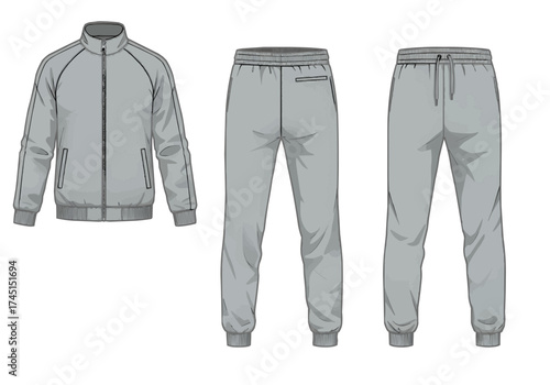 Illustration of a gray tracksuit with a star design on the legs and a zip-up jacket