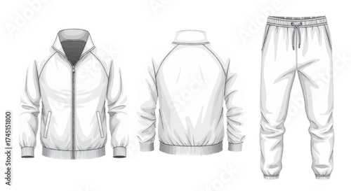 Detailed illustration of a tracksuit with a zip-up jacket and trousers displayed from multiple angles