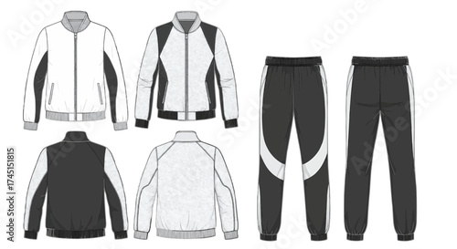 Collection of athletic wear including jackets and trousers displayed from multiple viewpoints
