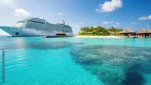 Cruise ship at sea with tropical island scenery under sunny blue sky