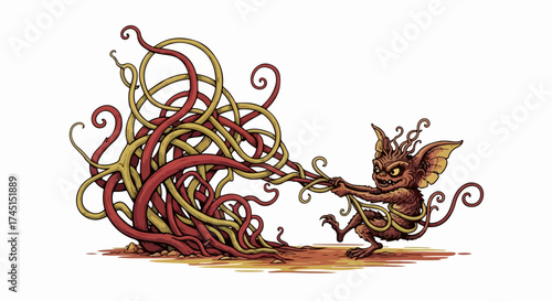 Fantasy creature pulls tangled red yellow tendrils. Mythical beast struggles against interwoven ropes, whimsical fantasy creature art. Creative fantasy creature for games, storytelling,
