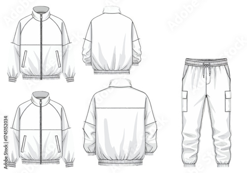 Detailed technical drawing of a tracksuit with a jacket and trousers from multiple viewpoints
