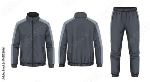 A gray tracksuit with a jacket and pants displayed from multiple viewpoints