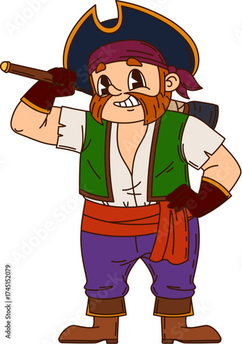 Caribbean pirate or corsair cartoon groovy character in captain tricorne hat, vector personage. Caribbean pirate sailor or boatswain corsair and filibuster man with angry grim smile and ax hatchet