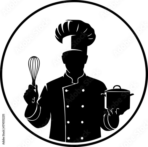 Professional chef silhouette holding whisk and pot ready to cook delicious meals, perfect for restaurant logo or culinary branding, vector design element