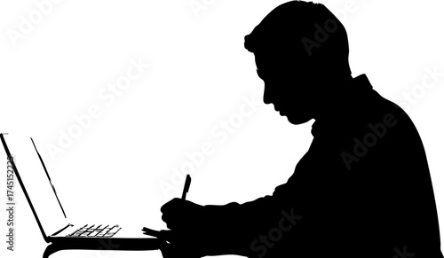 Focused student studying intently with laptop, taking notes, achieving academic success, planning future, creative work, modern education, silhouette style