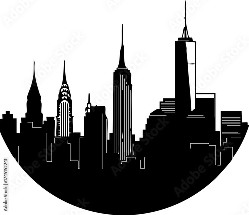 Iconic New York City skyline silhouette with famous skyscrapers, perfect for travel, business, or urban lifestyle designs, an impressive graphic element