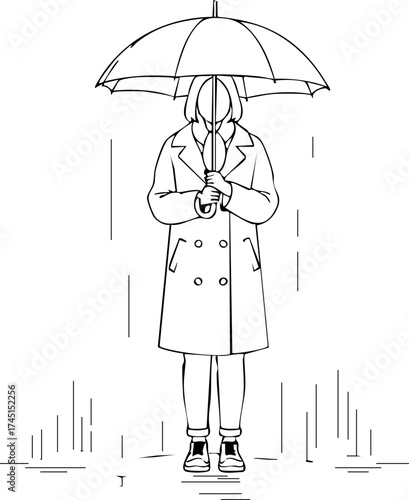 Person sheltering from a downpour with an umbrella, evoking feelings of solitude, resilience, and the beauty of rainy days, a reflective moment