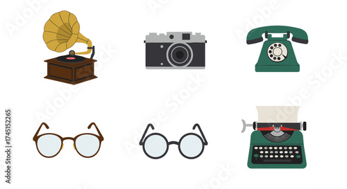 Retro style icons: vintage gramophone, camera, telephone, glasses, and typewriter