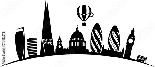 Iconic London skyline silhouette with famous landmarks like The Shard, Gherkin, and St. Paul's Cathedral perfect for travel, tourism, and British culture designs