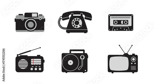 Retro electronic devices: camera, telephone, cassette, radio, turntable, television