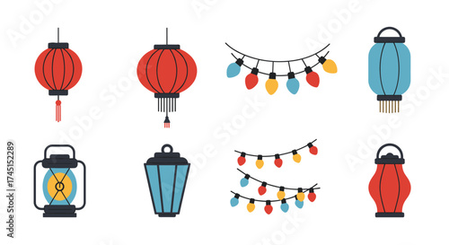 Festive lanterns and string lights in flat style for celebrations