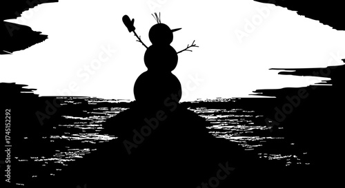 Whimsical snowman silhouette waving hello, evoking winter holiday cheer and festive greetings, perfect for seasonal designs and heartfelt messages