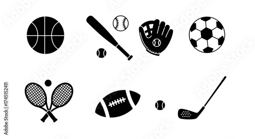 Silhouette sports equipment icons: basketball, baseball, soccer, tennis, football, golf