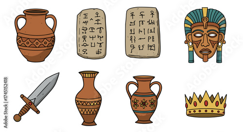 Ancient artefacts collection featuring ceramics, hieroglyphics, and historical icons