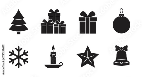Christmas icons collection: tree, gifts, ornament, snowflake, candle, star, bell