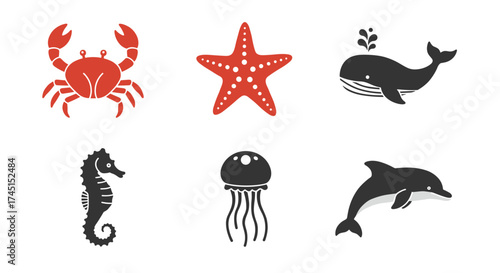 Stylized marine life icons: crab, starfish, whale, seahorse, jellyfish, dolphin