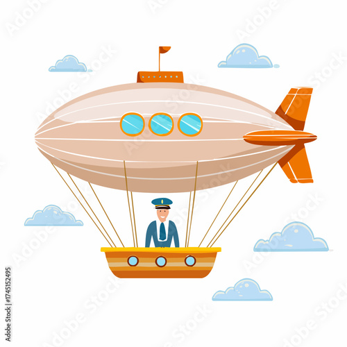 Pilot in dirigible airship with clouds