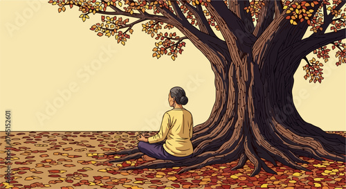Person meditating under tree, autumn leaves surrounding. Calm woman meditating under tree roots, finding mindfulness, relaxation in nature. Concept meditating under tree for wellness, spirituality,