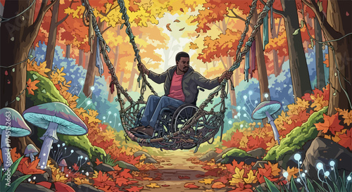 Man in wheelchair swinging on hammock in vibrant autumn forest, surrounded by colorful leaves and glowing mushrooms, depicting accessibility, joy, and connection with nature during fall season.