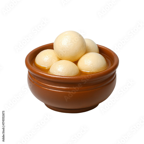 Rasgulla dessert in a clay bowl isolated on transparent background