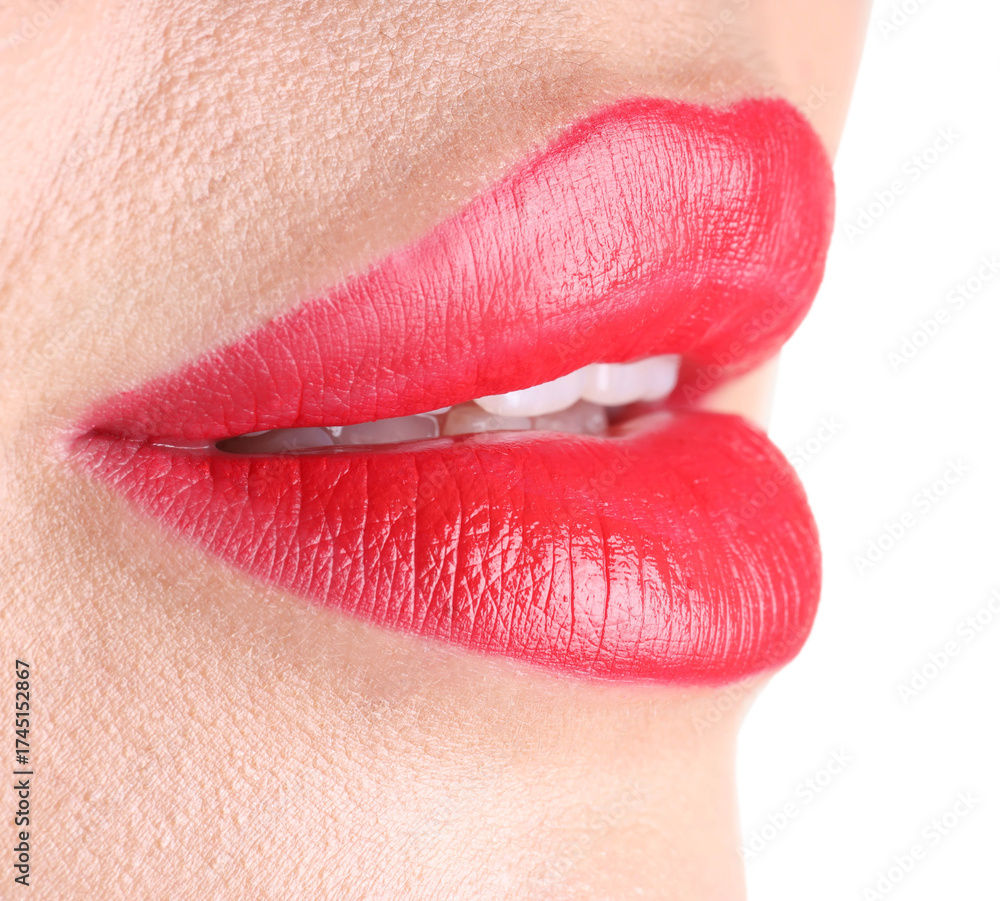 Fototapeta premium Woman with beautiful red lipstick on her lips against white background, closeup