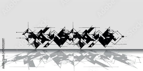 Abstract black geometric pattern with reflection on a light background, ideal for technology and modern design. Features intricate interconnected shapes for a unique visual.
