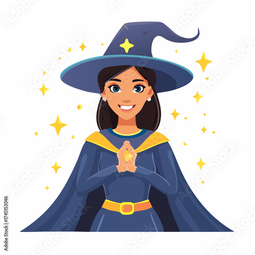 Smiling witch with magic stars and transparent background